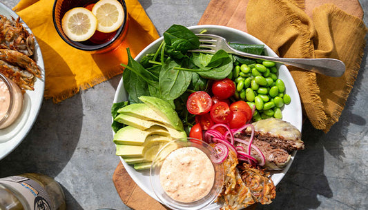 Pickle Burger Bowls with Potato Rosti and Pickle Mayo