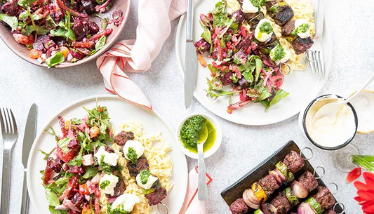 Beef and vege kebabs with salad