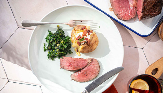 Angus Rump Steak with Baked Potatoes and Seasonal Greens