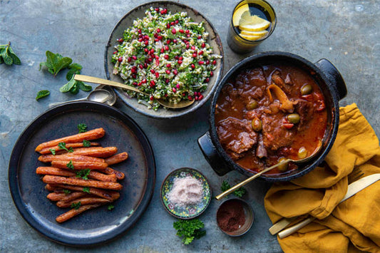 Green Olive & Tomato Beef Shin with Carrots and Tabbouleh