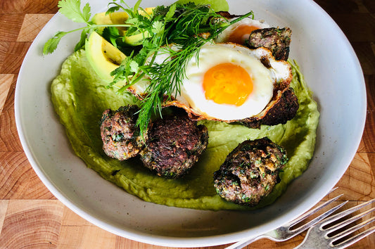 Green Beef Rissoles with Fried Eggs & Avocado Sour