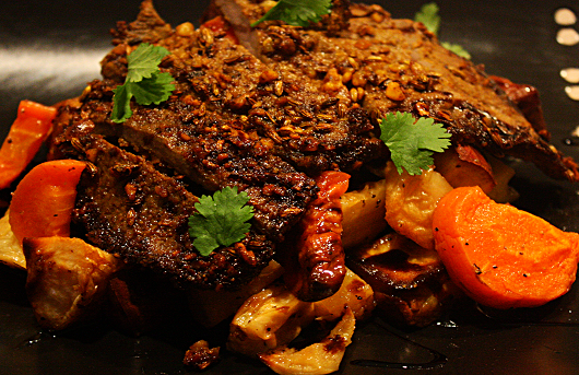 Dukkah Spiced Schnitzel with Winter Vegetables