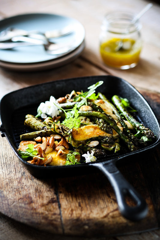 Grilled Asparagus with Halloumi Mandarin Dressing and Honeyed Almonds