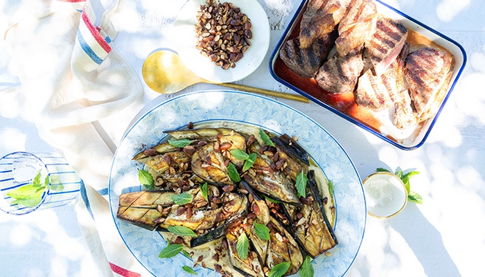 Roasted Eggplant with Hummus, Almonds...