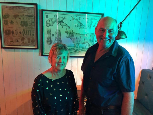 Female and Male with image of Angus steer behind them