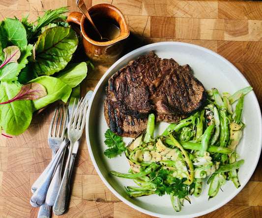 Grilled scotch, charred courgette salad & a macadamia, lemon dressing.