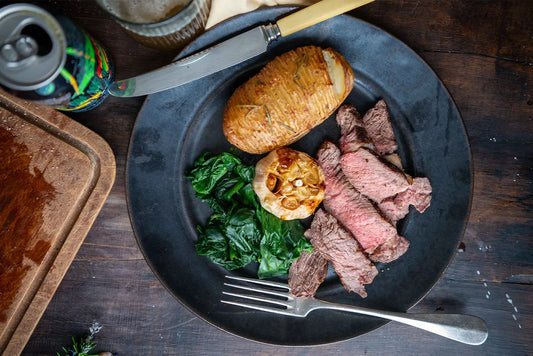 Plate with steak, potatoes and vege