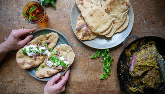 Spiced Lamb Shoulder Rack w Flat breads and Cucumber Raita