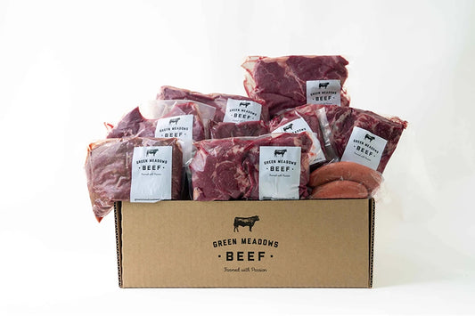 Brown box filled with beef in packets