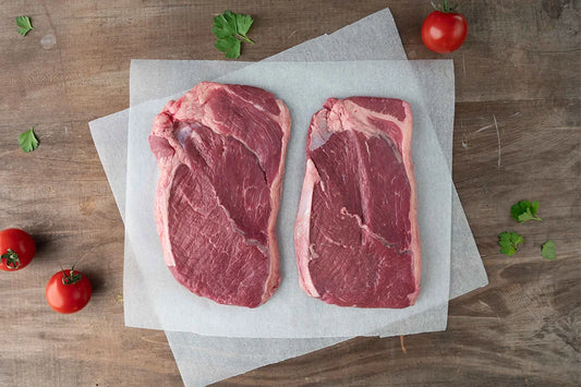 two angus beef blade steaks on baking paper