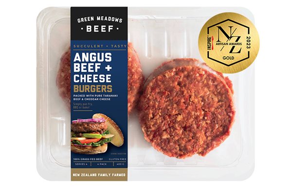 Packet of Angus Beef and Cheese Burger patties with a Gold award on it