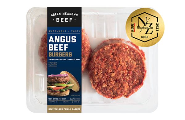 Packet of Angus Beef Burgers with Gold Award on top